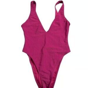 Forever 21 Deep V-Neck Ribbed Hot Pink Swimsuit Size XS/S GUC #M-057